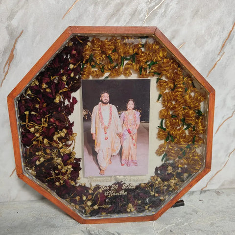 Octagonal Wedding Varmala Preservation Frame with LED Light | Day Home Decor item Cum Flower Night Lamp 12-inch | Couple Photo LED Light Frame
