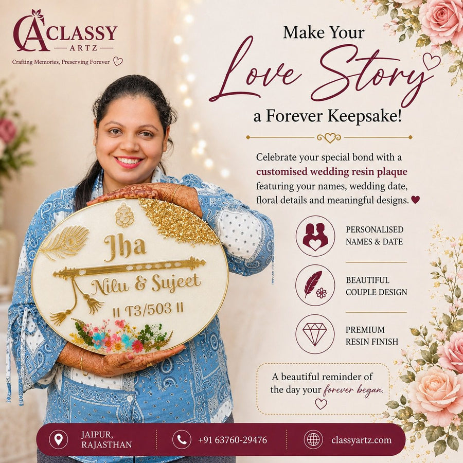 Founder Kavita Dadhich holding a round personalised wedding resin plaque with couple names and date