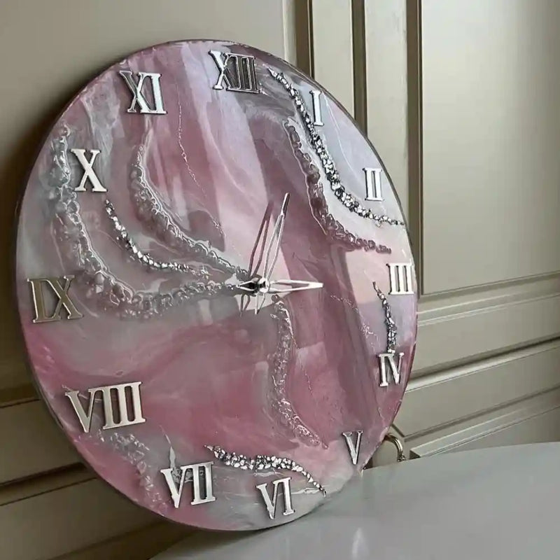 Pink and White Abstract Epoxy Resin Wall Clock