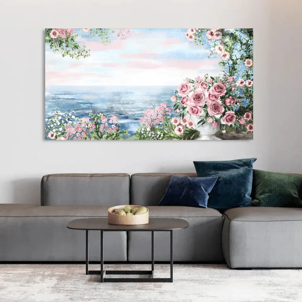 pink flower rose With Blue Sea canvas Wall painting for living room