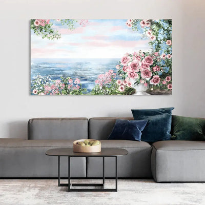 Pink Flower Rose With Blue Sea Canvas Wall Painting
