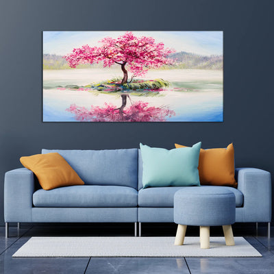 Pink Cherry Blossom Tree Reflection Canvas Painting, 48x24