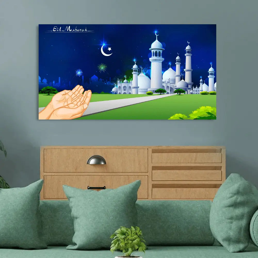 praying hand in front of mosque canvas painting for sale