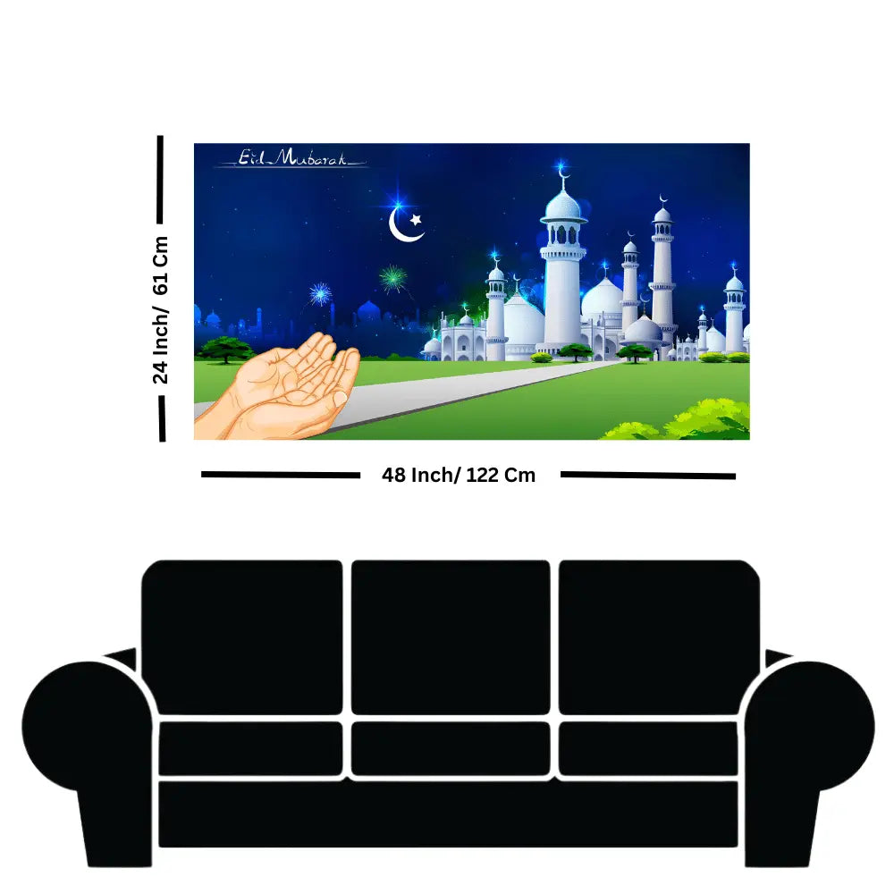 praying hand in front of mosque canvas print artwork