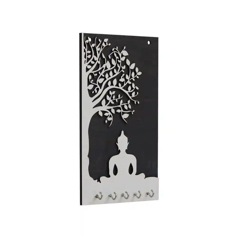 Premium Wooden Gautam Buddha Key Holder for Home and Office Decor (11 Inches, 5 Hooks)