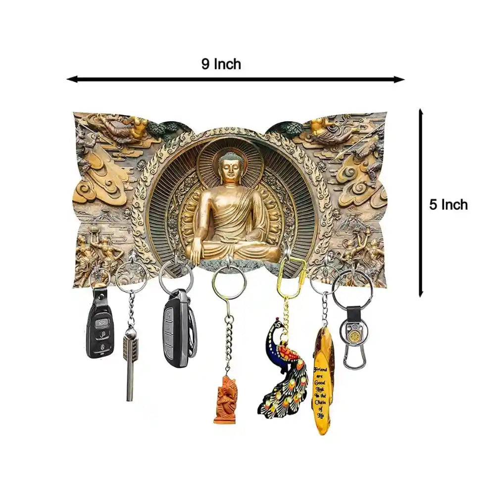 Printed Sitting Gautam Buddha Wooden Key Holder for gifting