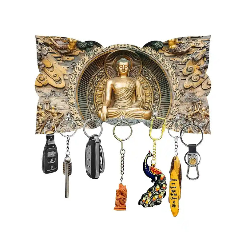 Printed Sitting Gautam Buddha Wooden Key Holder for high quality