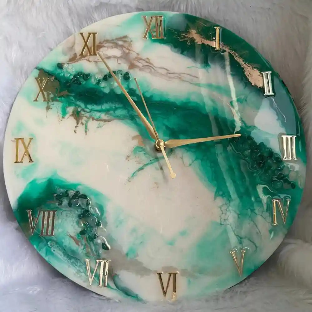 Purchase Green and Golden Abstract Epoxy Resin Wall Clock