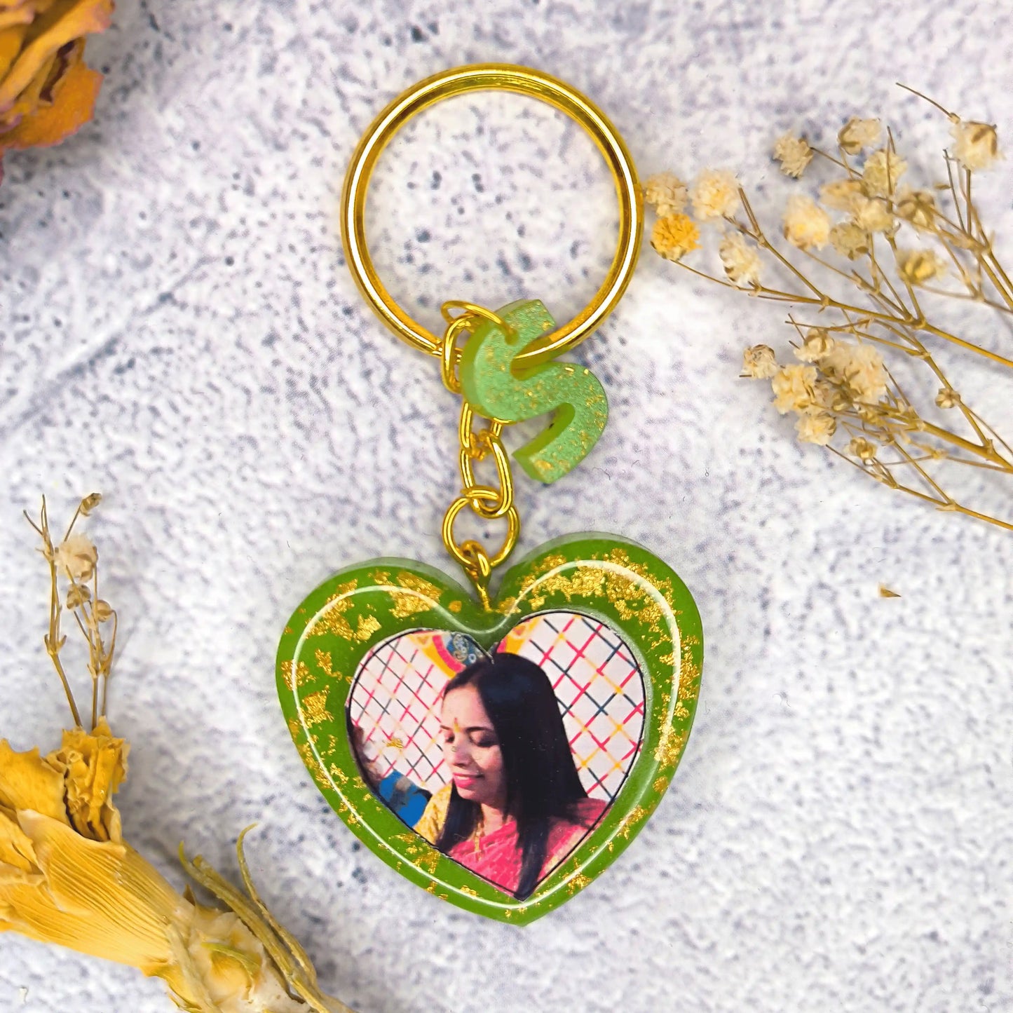 Purchase Handmade Heart-shaped green Resin keychains With photo Perfect for Wife