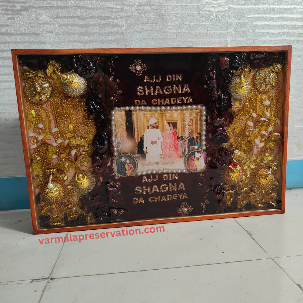 Wedding Varmala & Kaleere Preservation Frame with "Ajj Din Shagna Da Chadeya" Slogan | Bridge Kaleere Preservation Frame | Deep-casted Varmala Box (16x24 Inch)