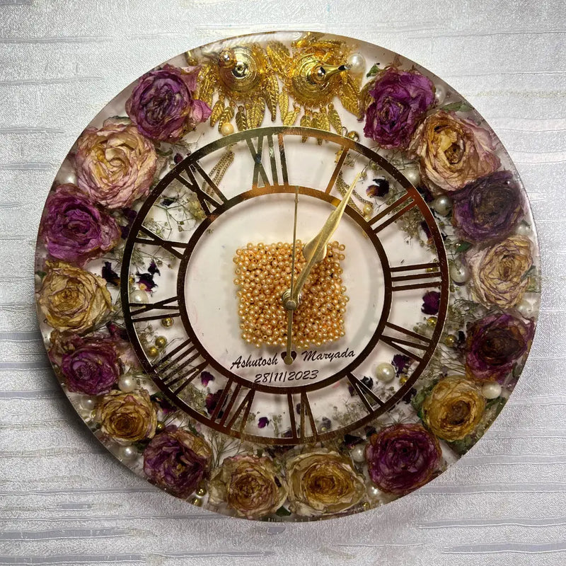 Wedding Varmala Flower & Kaleere Preserved Resin Wall Clock (12-Inches)
