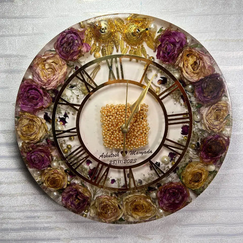 Wedding Varmala Flower & Kaleere Preserved Resin Wall Clock (12-Inches)