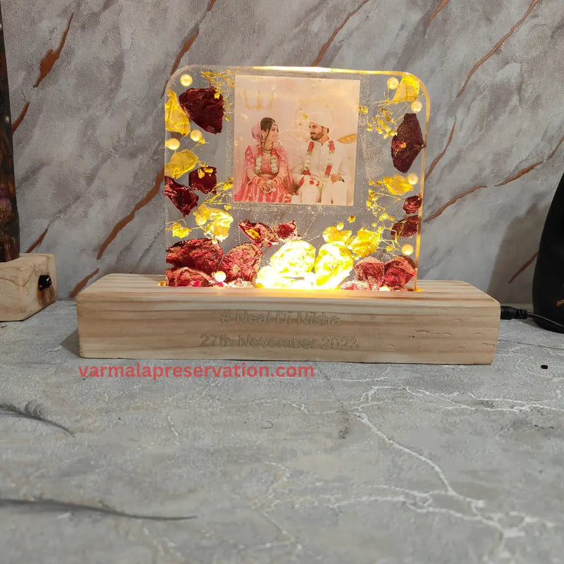 Resin Wedding Varmala Flower LED Lamp | Custom Wedding Photo Keepsake | Preserve Your Friends, Family Member Wedding Garland in LED Lamp with Wooden Stand (6 Inch)