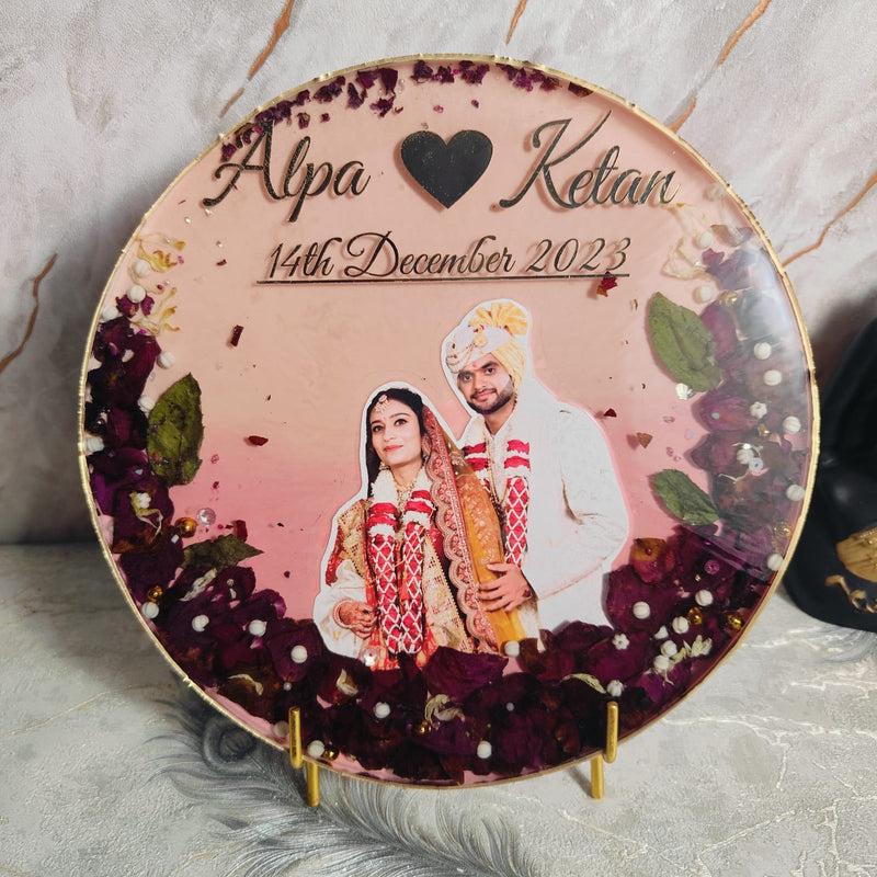 Round Classy Varmala Preservation Couple Photo Pink Base with Stand(10 inch)