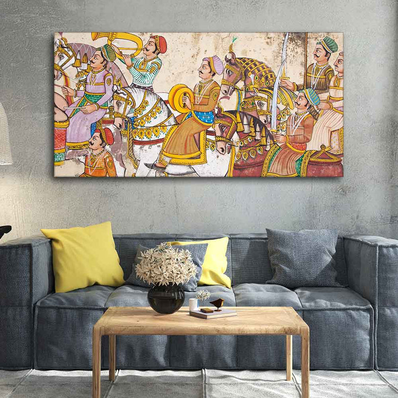 Rajputana procession with horse riders and musicians in traditional attire on a canvas painting