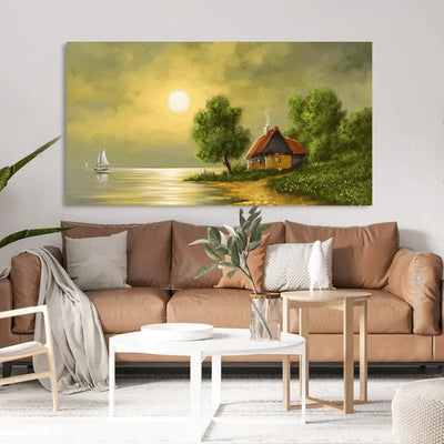 Lakeside Cottage at Sunset Landscape Canvas Painting, 48x24