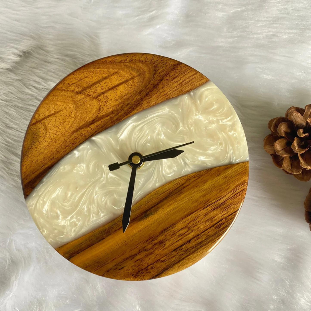 Shop White And Wooden Abstract Epoxy Resin Table Clock