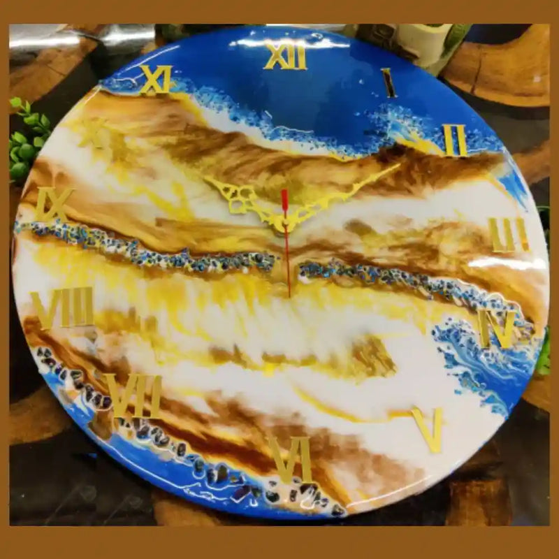 Sparkling Blue And Gold Effect Resin Wall Clock For Sale