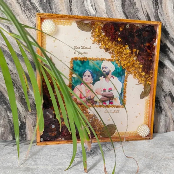 10-inch Varmala Flower Preserved Photo Frame | Large Pearls Balls Decor with Multicolor Flowers | Best Wedding Details Preservation Frame (10 Inch)