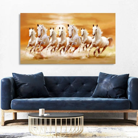 Buy Sunrise White Seven Horses Runing Vastu Canvas Painting For living Room 