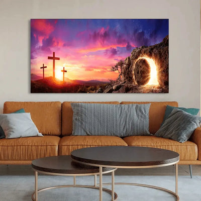 Three Crosses and Empty Tomb at Sunrise Canvas Painting, 48x24