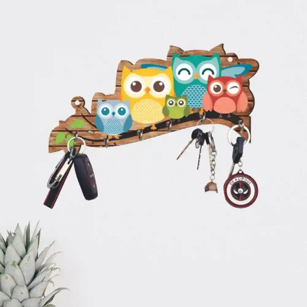 Unique Owl Family Decorative Wooden Printed Key Holder for sale