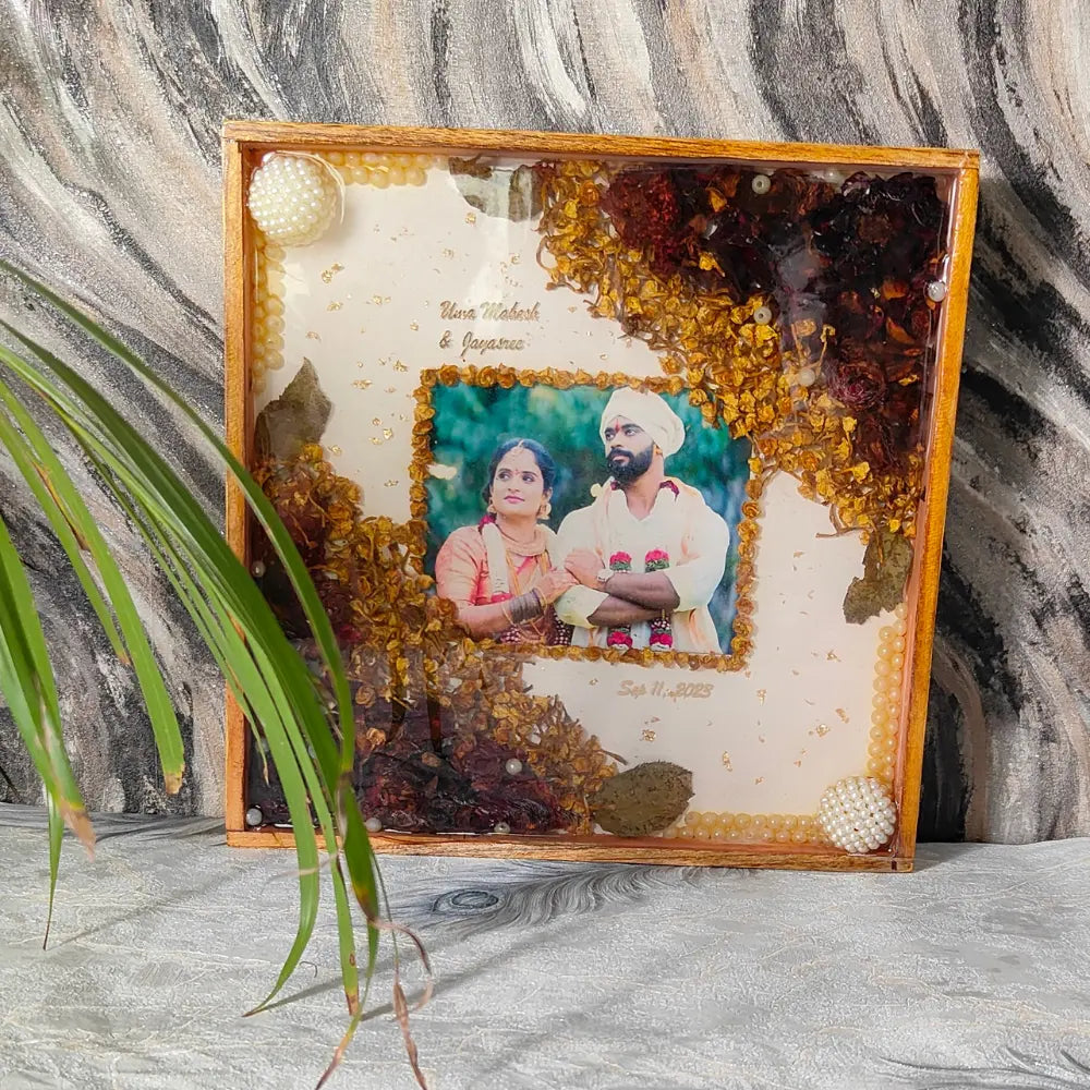 10-inch Varmala Flower Preserved Photo Frame | Large Pearls Balls Decor with Multicolor Flowers | Best Wedding Details Preservation Frame (10 Inch)
