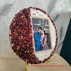 Varmala Flower Preservation in Resin Round Frame | White Pearls Border on Photo with Couple Name & Wedding Date | 3D Red & White Theme Couple Photo Keepsake, Metallic Stand (10 Inch)