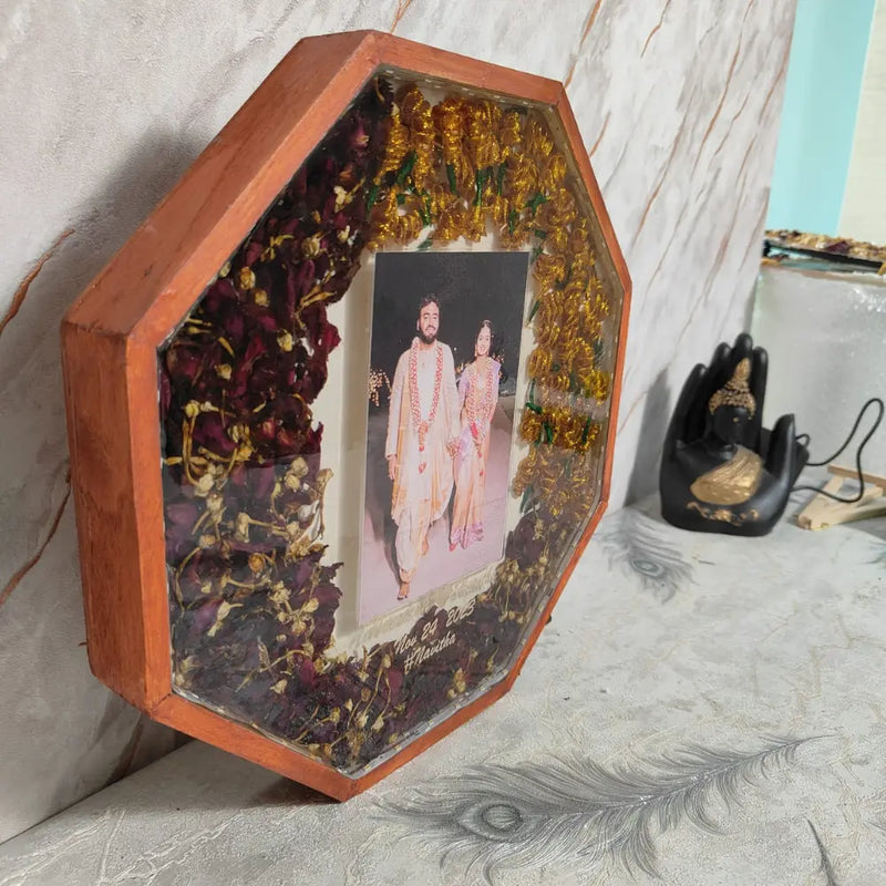 Octagonal Wedding Varmala Preservation Frame with LED Light | Day Home Decor item Cum Flower Night Lamp 12-inch | Couple Photo LED Light Frame