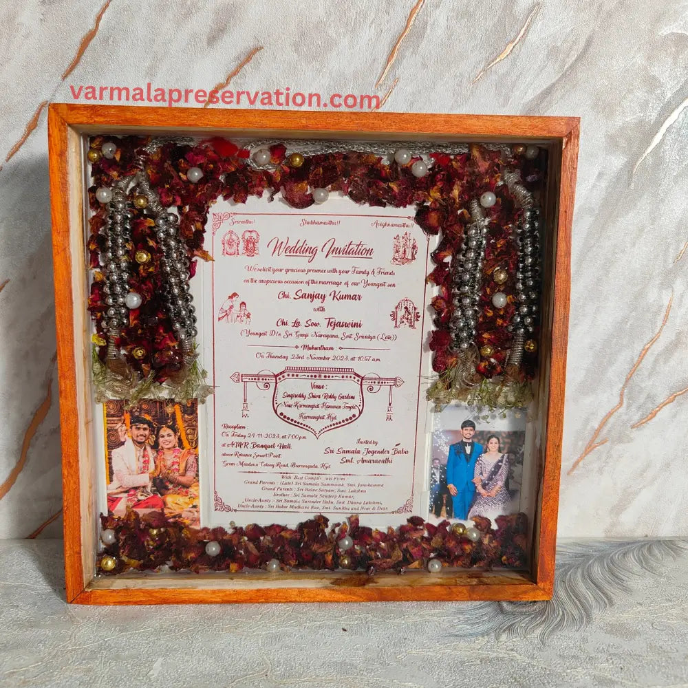 Wedding Card Preservation with Varmala in Resin Photo Frame | Square Dual Couple Photo Frame with Pearls Mala Decor (10 Inch)