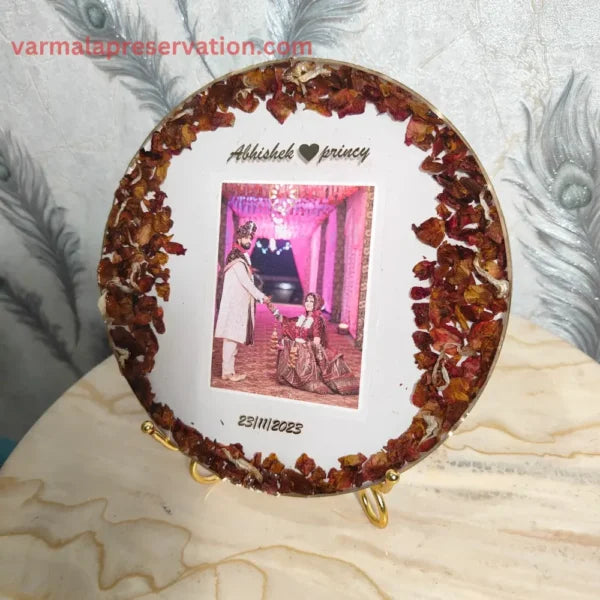 Personalized Wedding Garland Preservation Resin Frame | Preserve Varmala In Round Photo Frame | Wedding Varmala Exchange Memories Memento (8 Inch)