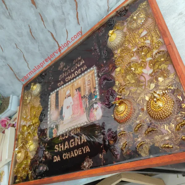 Wedding Varmala & Kaleere Preservation Frame with "Ajj Din Shagna Da Chadeya" Slogan | Bridge Kaleere Preservation Frame | Deep-casted Varmala Box (16x24 Inch)