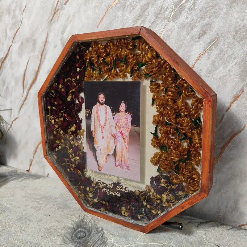 Octagonal Wedding Varmala Preservation Frame with LED Light | Day Home Decor item Cum Flower Night Lamp 12-inch | Couple Photo LED Light Frame