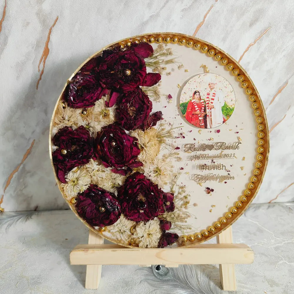 Deep Casted Varmala Flower Preserved Round Photo Frame |   Red and White Flowers Wedding Frame with Personalized Wedding Details (10-inch)