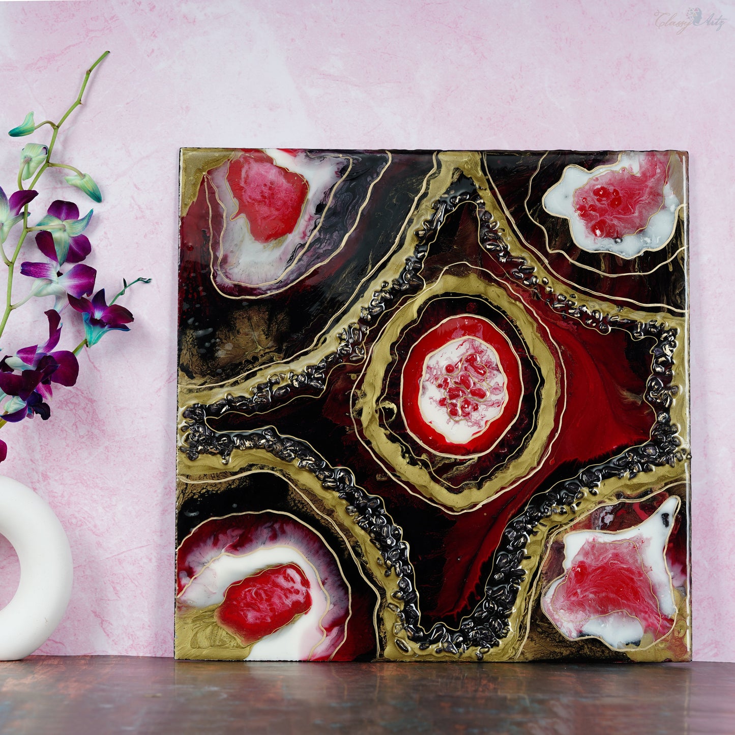 Resin Art Wall Piece With Red and Golden Geode For Gallery Wall, Gifting, Personal Reflection, Living Room Decor