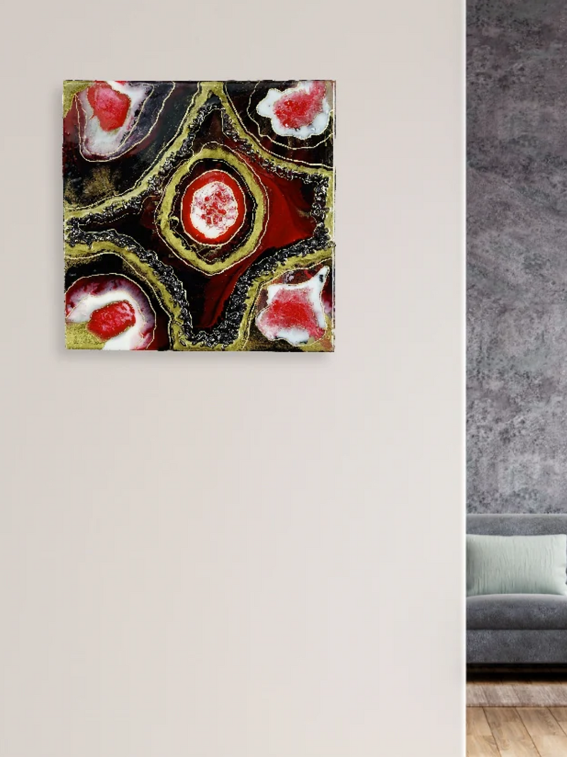 Resin Art Wall Piece With Red and Golden Geode For Gallery Wall, Gifting, Personal Reflection, Living Room Decor