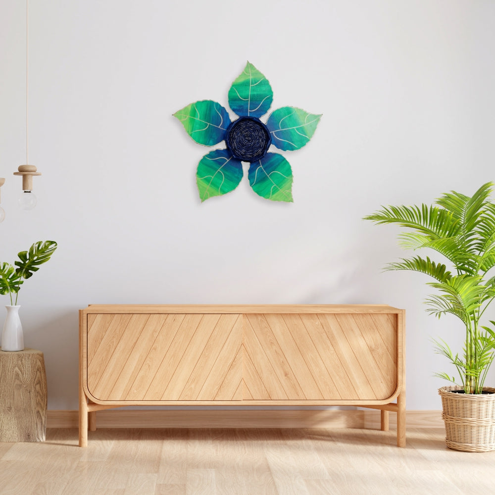 Art Wall Piece With Hand-Painted Flowers Green and Blue For Interior Decorators,  Living Room, Dining Room, Positive Energy