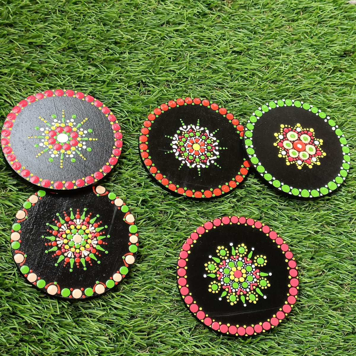 Hand- Painted mandala coasters - Set Of 5