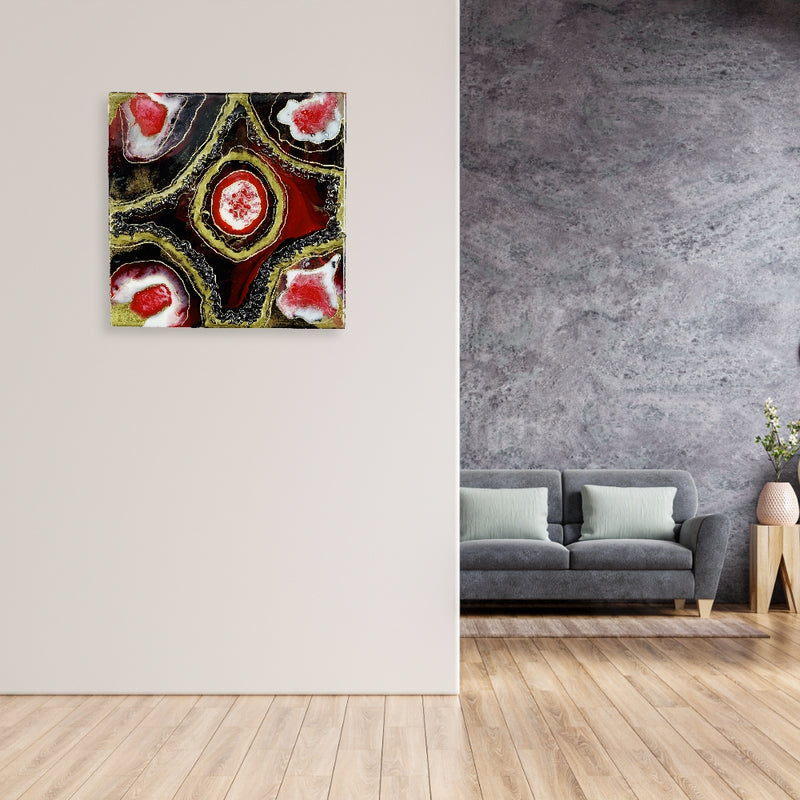 Resin Art Wall Piece With Red and Golden Geode For Gallery Wall, Gifting, Personal Reflection, Living Room Decor
